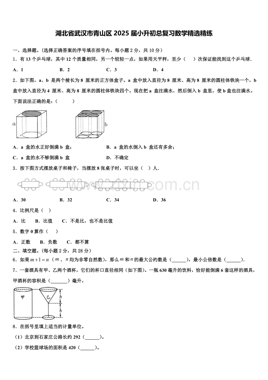湖北省武汉市青山区2025届小升初总复习数学精练含解析.doc_第1页