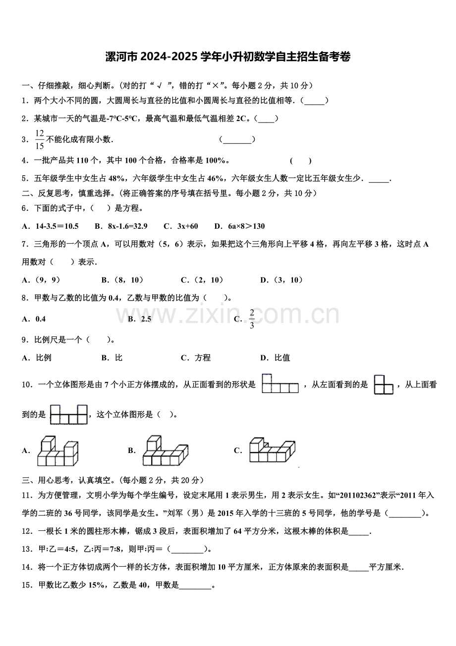 漯河市2024-2025学年小升初数学自主招生备考卷含解析.doc_第1页