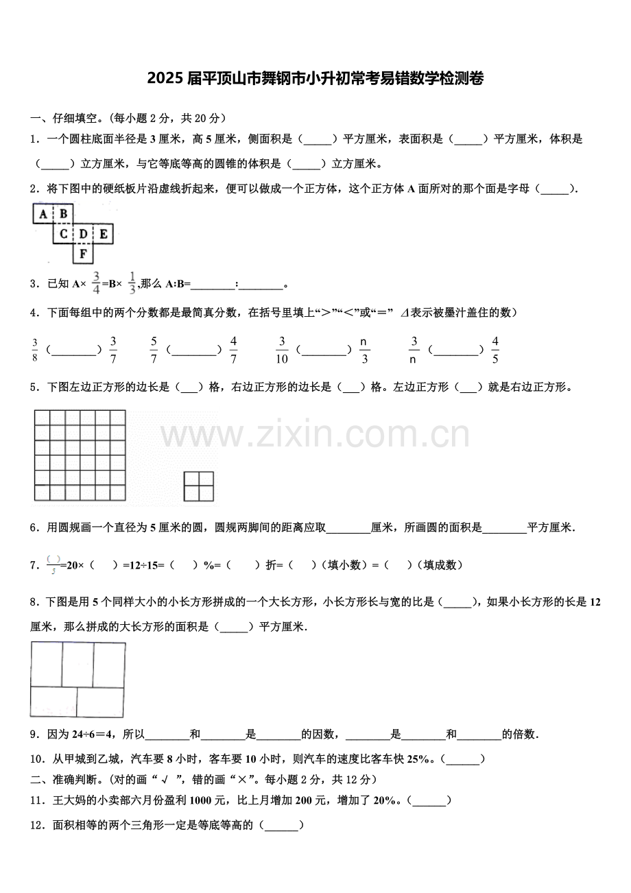 2025届平顶山市舞钢市小升初常考易错数学检测卷含解析.doc_第1页