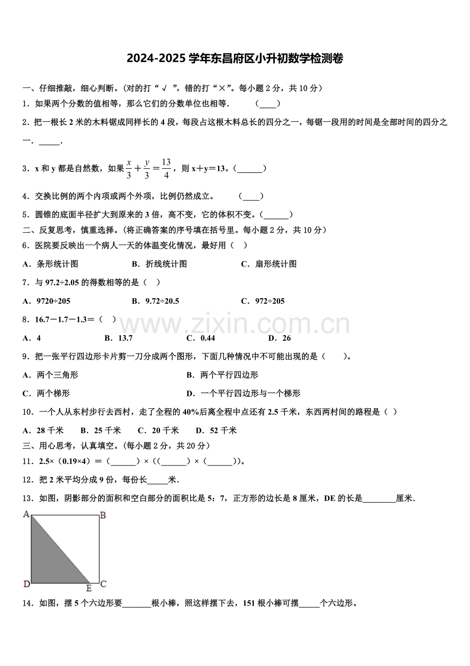 2024-2025学年东昌府区小升初数学检测卷含解析.doc_第1页