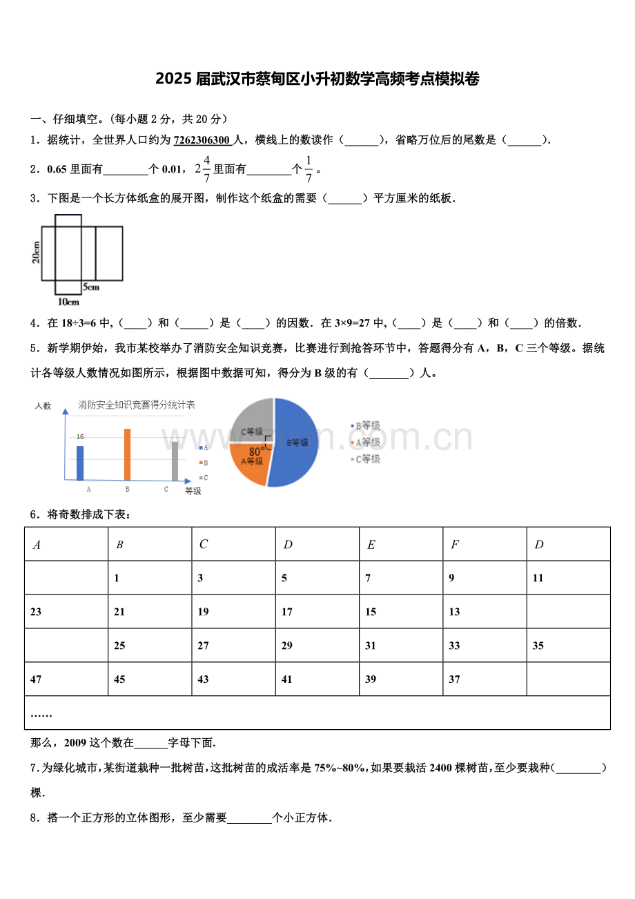 2025届武汉市蔡甸区小升初数学高频考点模拟卷含解析.doc_第1页