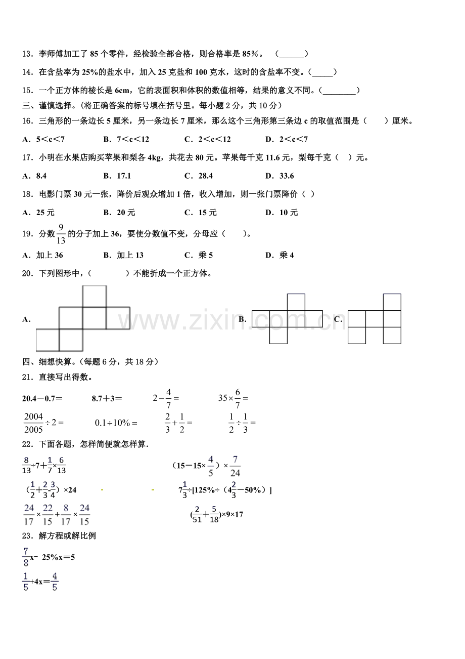 2024-2025学年石家庄市赞皇县小升初复习数学模拟试卷含解析.doc_第2页