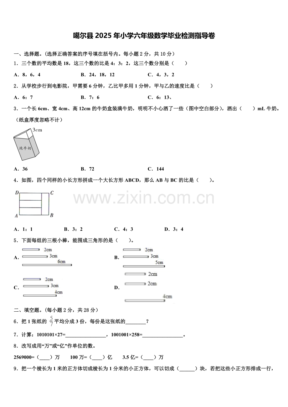 噶尔县2025年小学六年级数学毕业检测指导卷含解析.doc_第1页