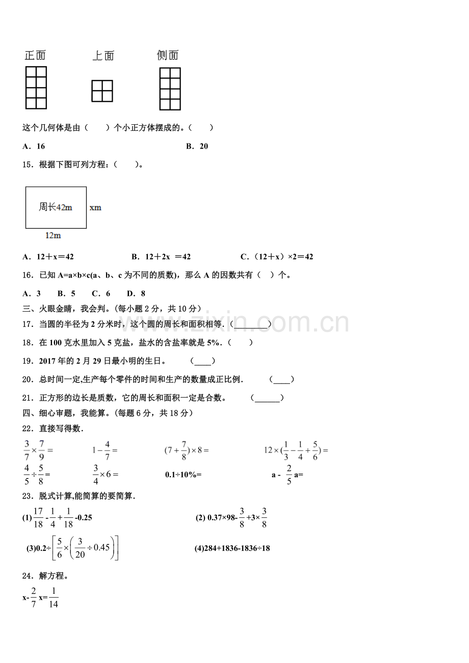 2024-2025学年四川省阿坝藏族羌族自治州茂县六年级数学小升初摸底考试含解析.doc_第2页