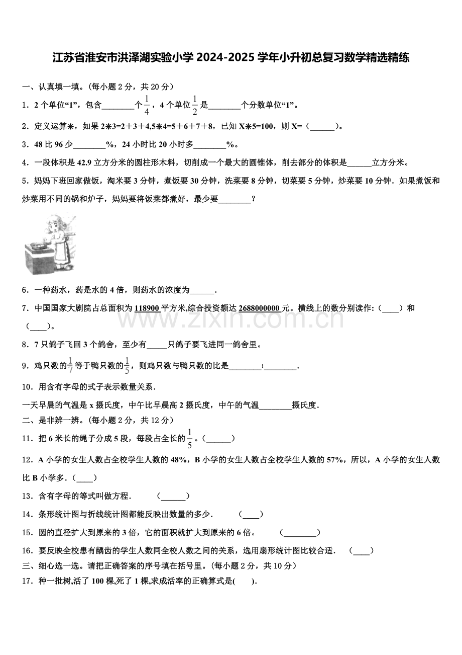 江苏省淮安市洪泽湖实验小学2024-2025学年小升初总复习数学精练含解析.doc_第1页