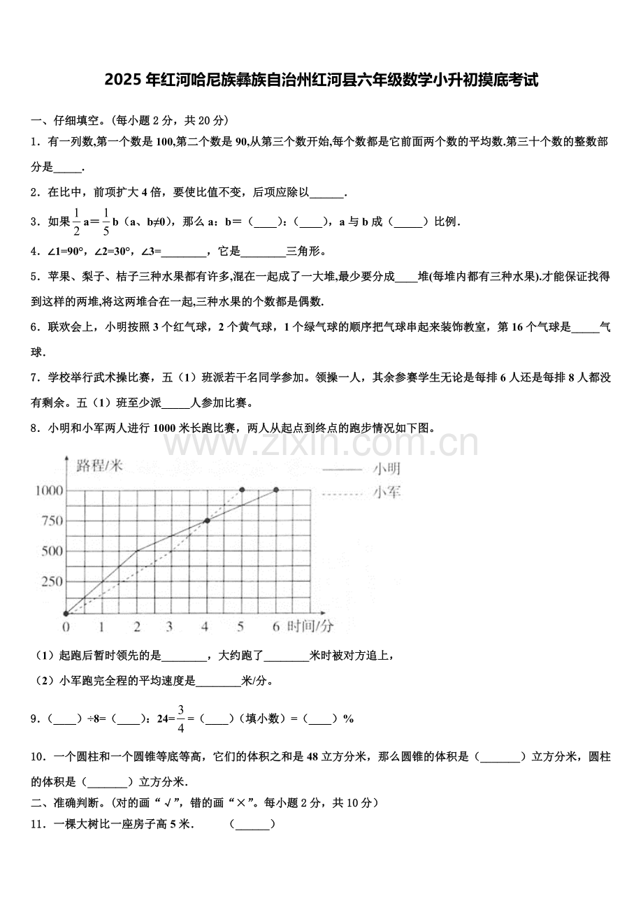 2025年红河哈尼族彝族自治州红河县六年级数学小升初摸底考试含解析.doc_第1页