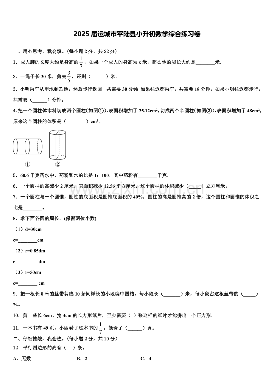 2025届运城市平陆县小升初数学综合练习卷含解析.doc_第1页