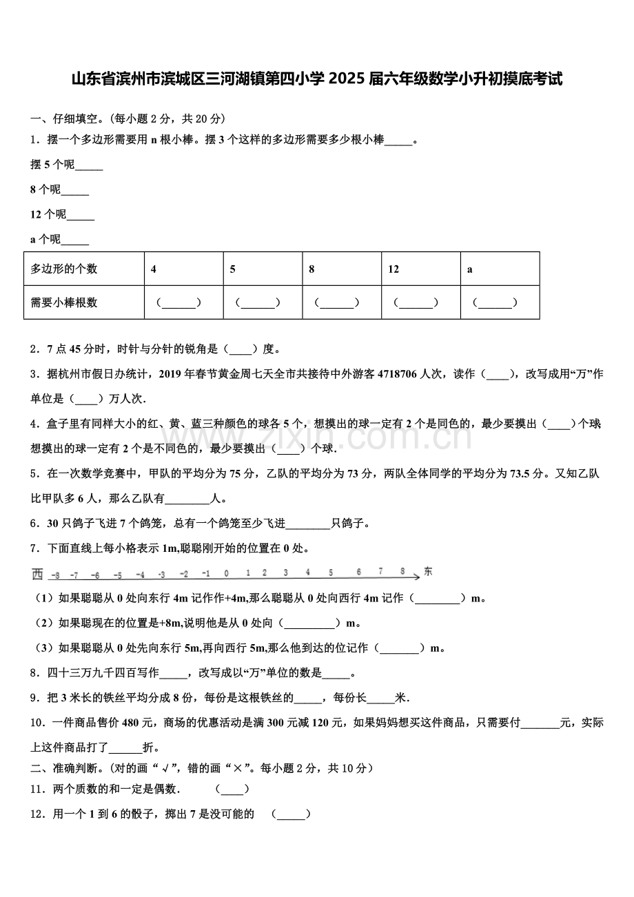 山东省滨州市滨城区三河湖镇第四小学2025届六年级数学小升初摸底考试含解析.doc_第1页