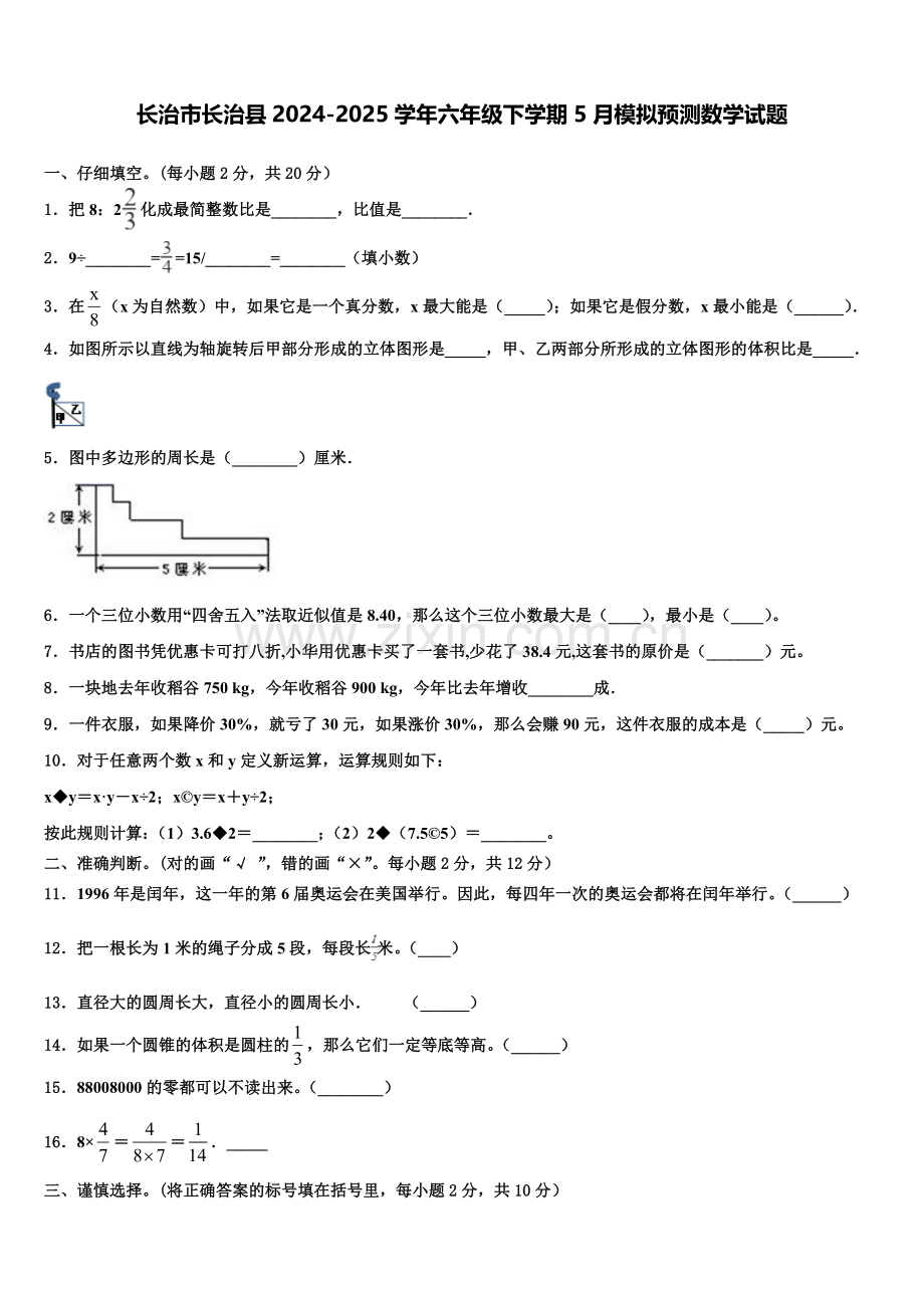 长治市长治县2024-2025学年六年级下学期5月模拟预测数学试题含解析.doc_第1页