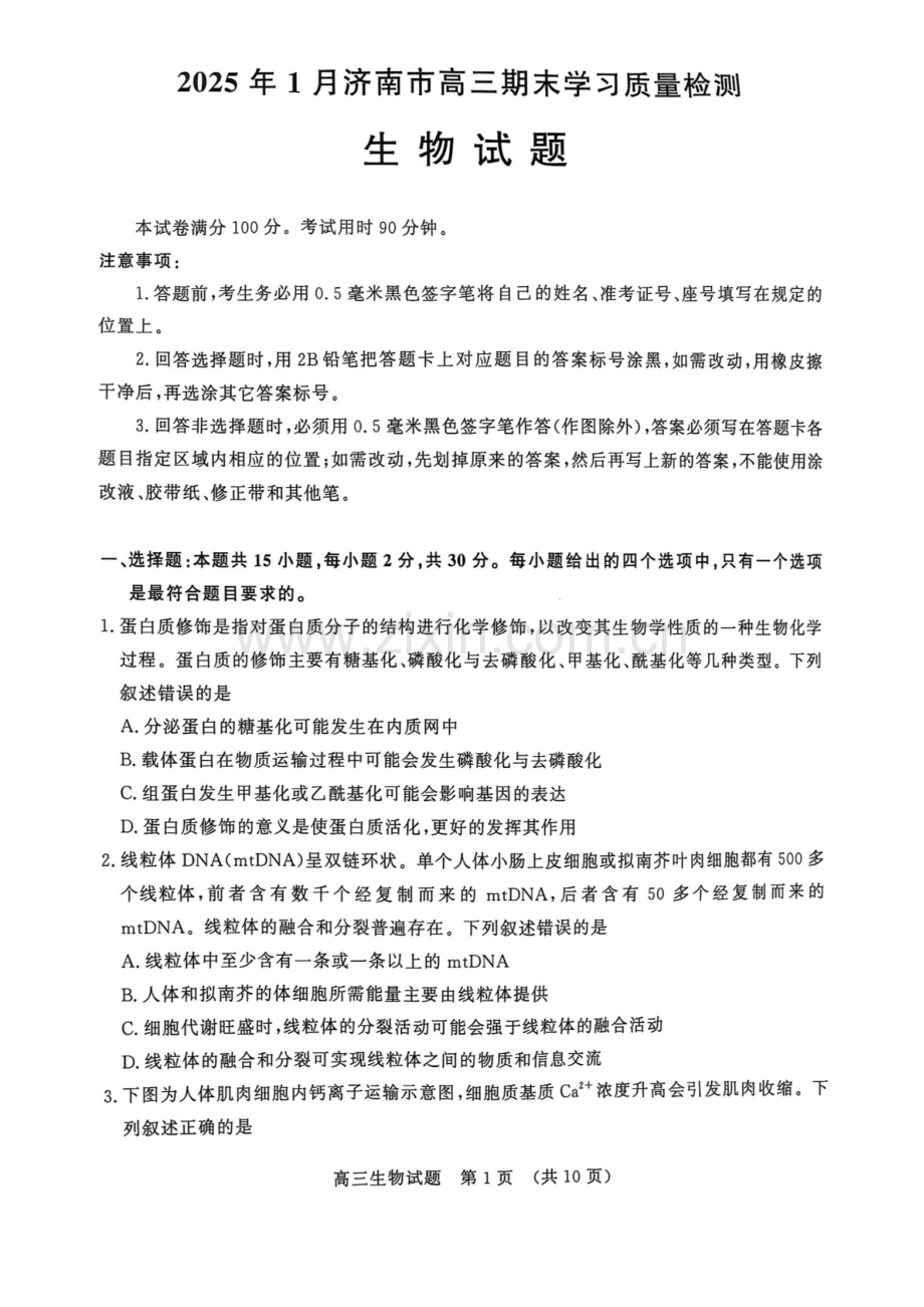 山东省2025年1月济南市高三上学期期末学习质量检测济南期末-生物试卷（含答案）.docx_第1页