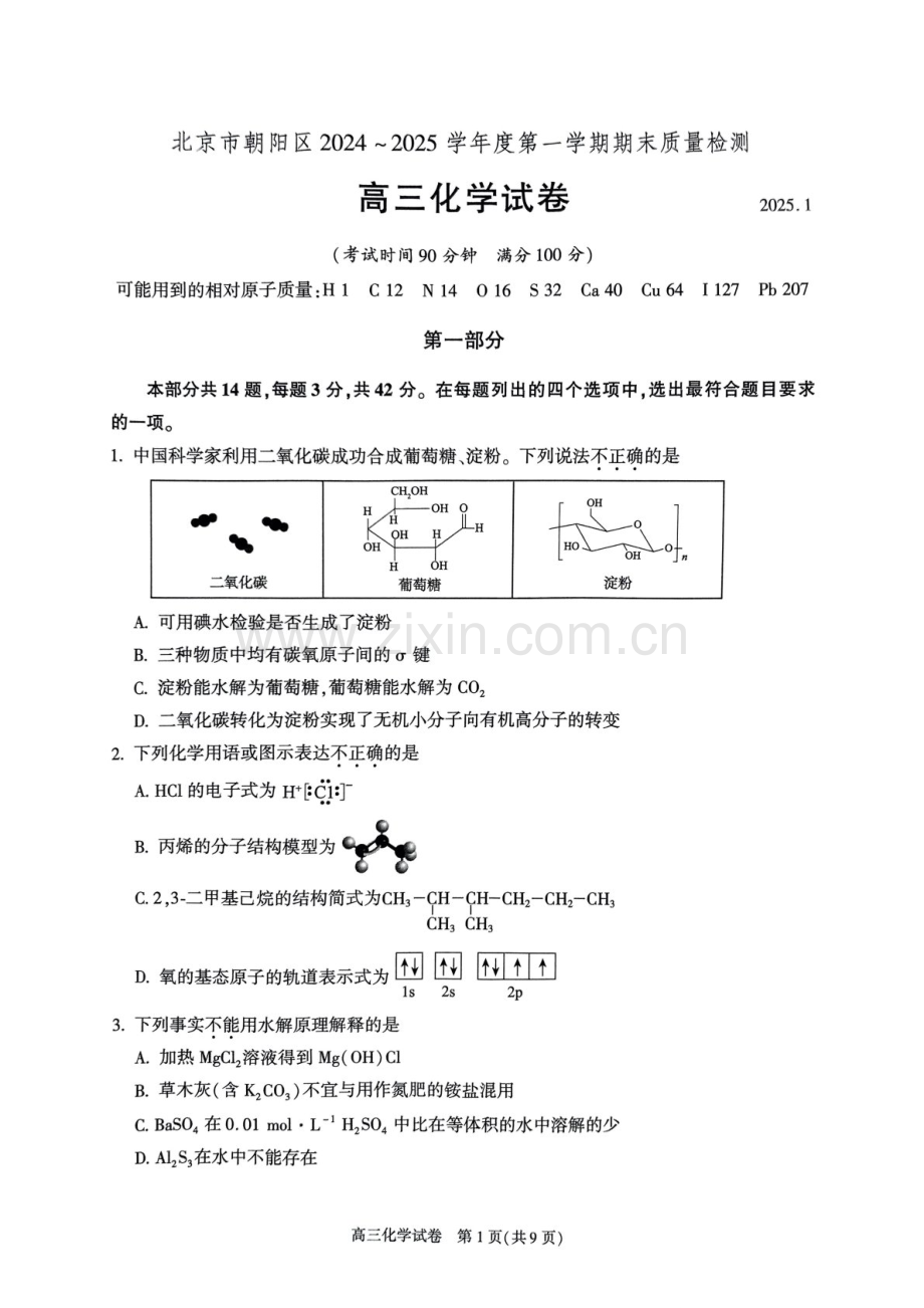 北京市朝阳区2024-2025学年高三上学期1月期末质量检测-化学试卷（含答案）.docx_第1页