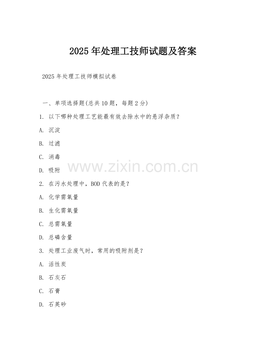 2025年处理工技师试题及答案.doc_第1页