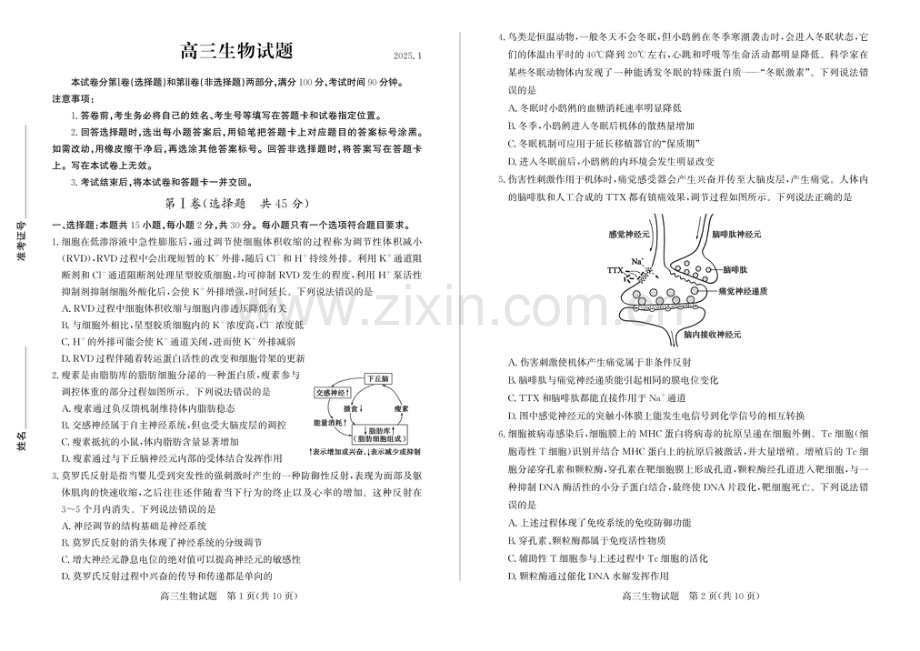 山东省德州市2024-2025学年高三上学期1月期末考试生物试题（含答案）.docx_第1页