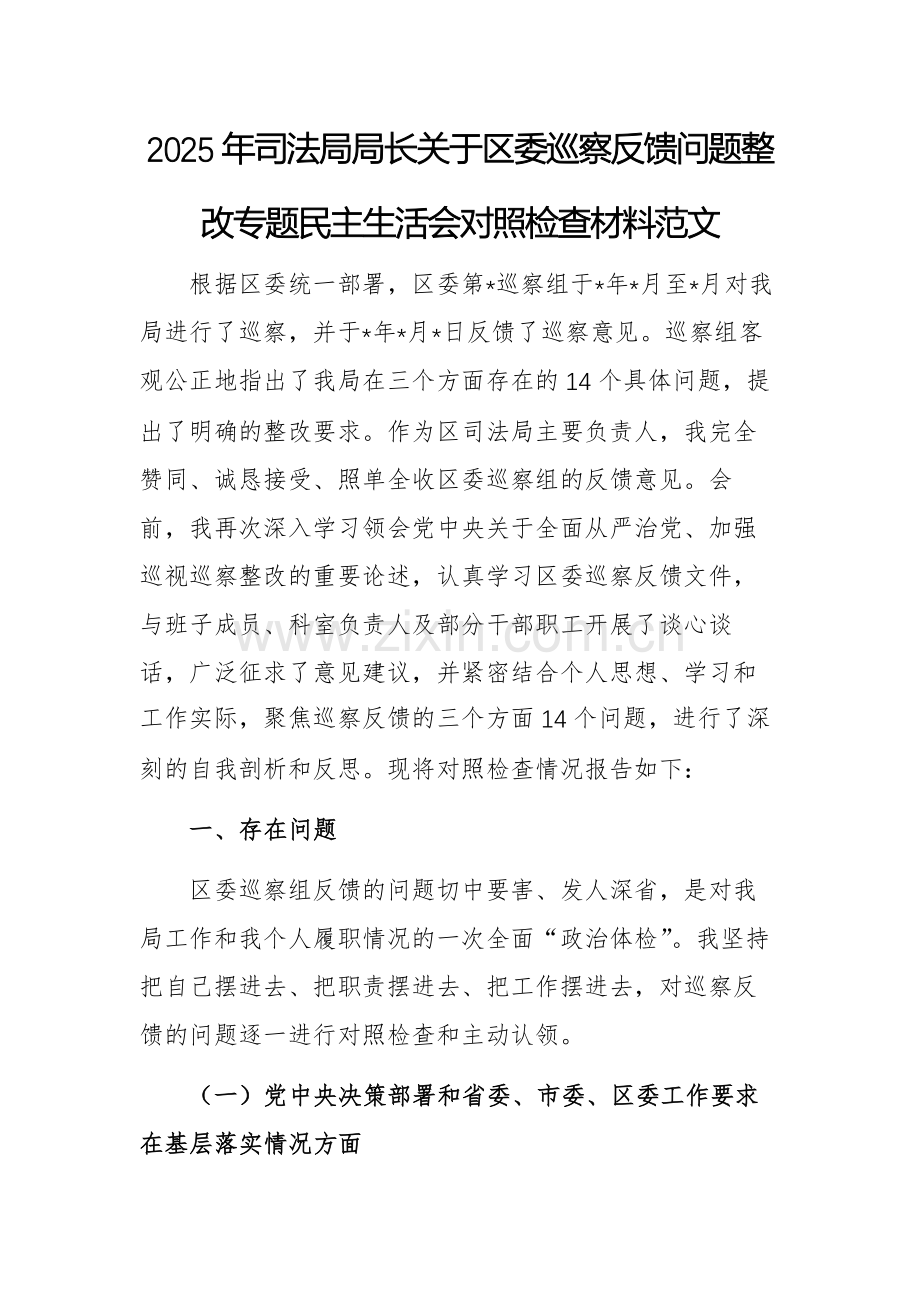 2025年司法局局长关于区委巡察反馈问题整改专题民主生活会对照检查材料范文.docx_第1页