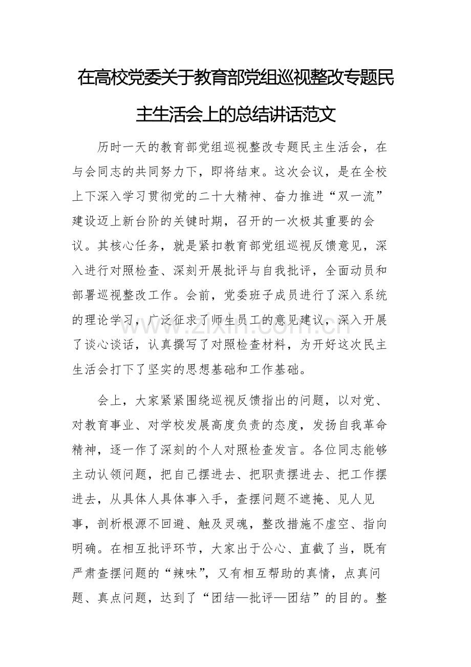 在高校党委关于教育部党组巡视整改专题民主生活会上的总结讲话范文.docx_第1页