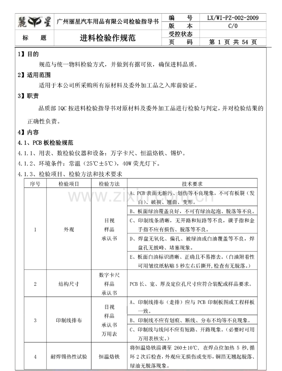 广州丽星汽车用品有限公司进料检验作业规范.pdf_第1页