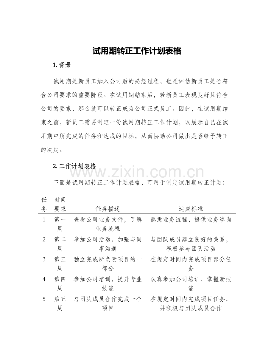 2024年试用期转正工作计划表格.docx_第1页