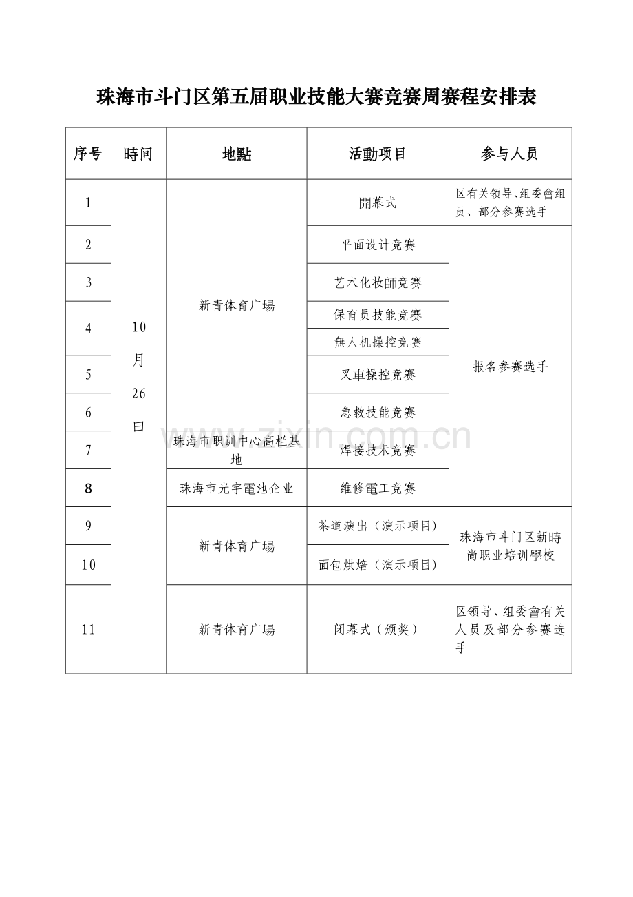 2025年珠海市斗门区第五届职业技能大赛竞赛周赛程安排表.doc_第1页