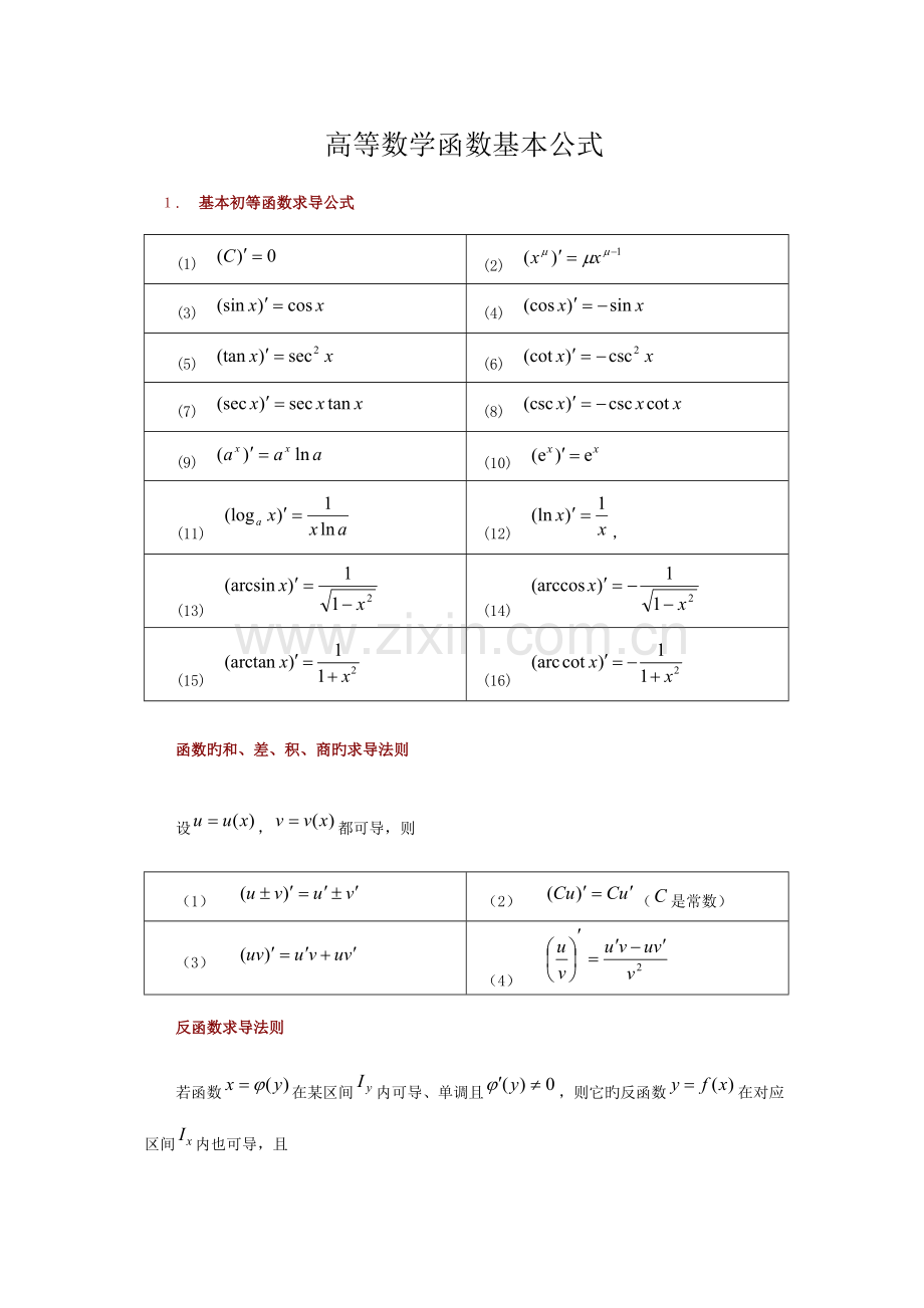 2023年成人高考专升本高等数学函数基本公式.doc_第1页