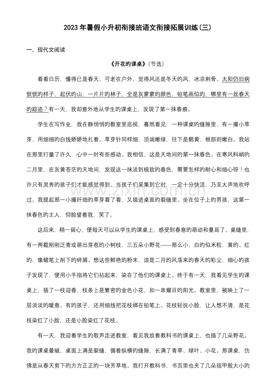 2023年暑假小升初衔接班语文衔接拓展训练.doc_第1页