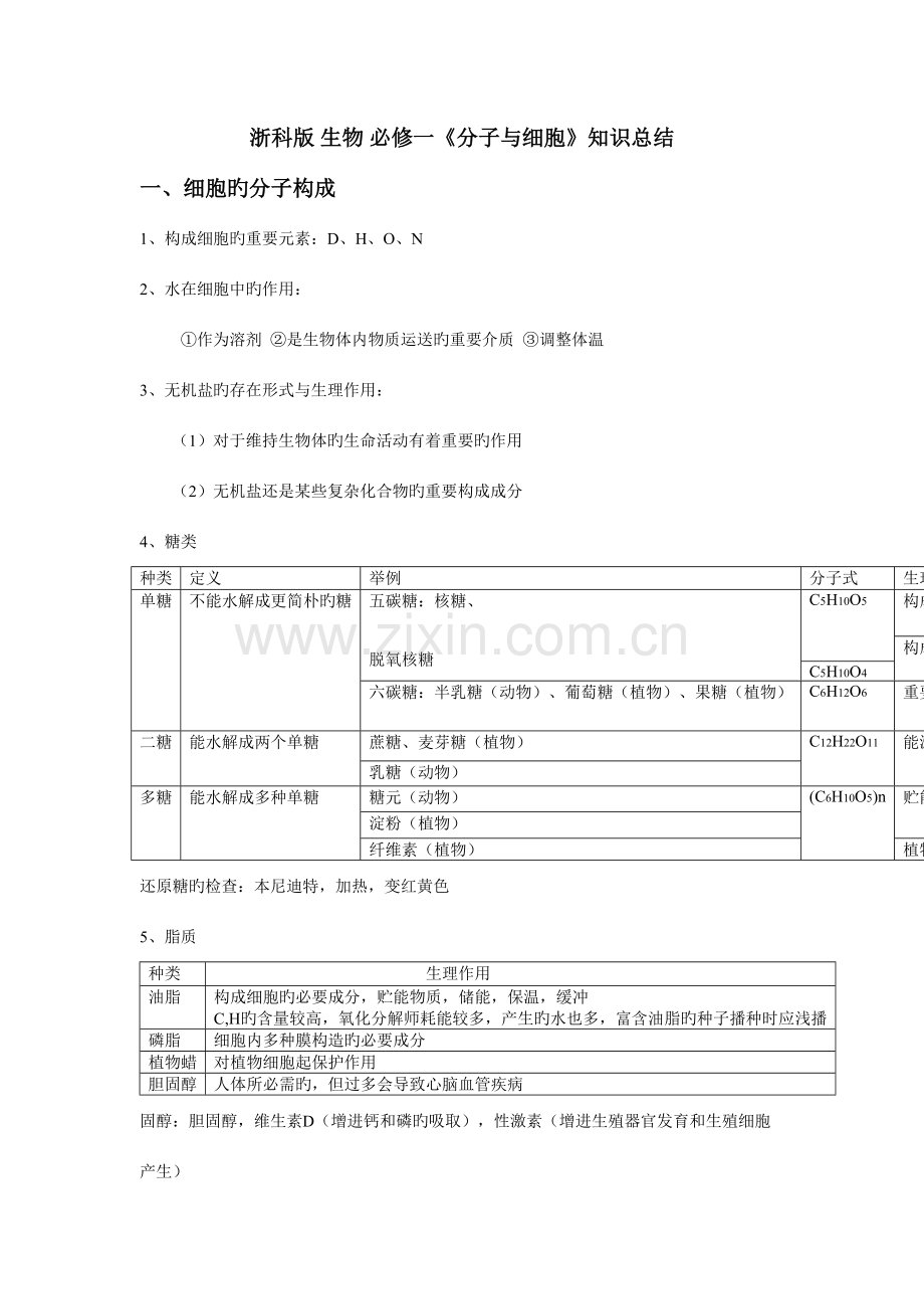 2023年浙科版生物必修一知识点总结.doc_第1页