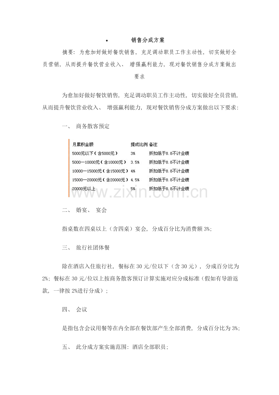 酒店销售提成方案餐饮部和客房部.doc_第1页