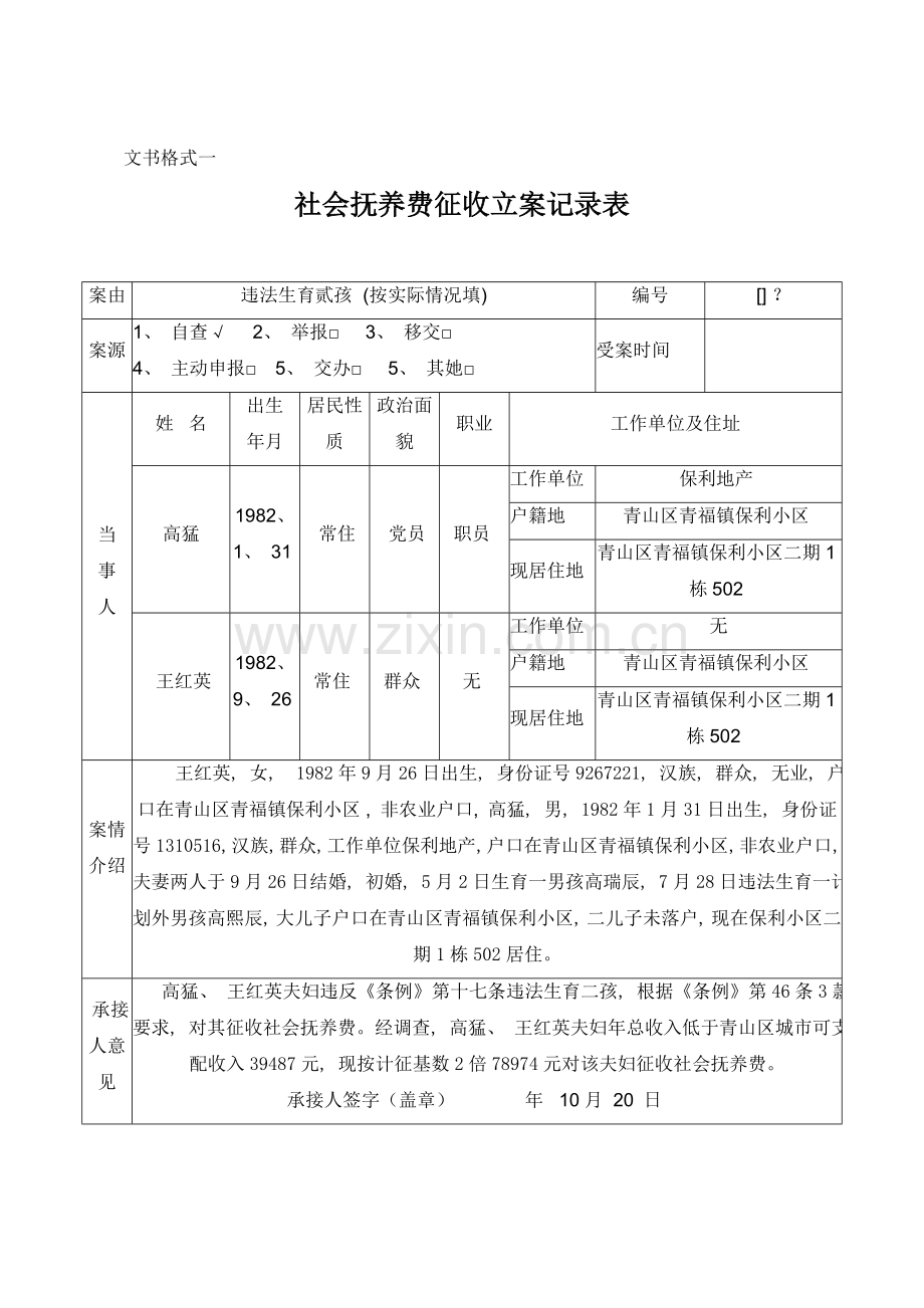 社会抚养费征收表格模板.doc_第1页