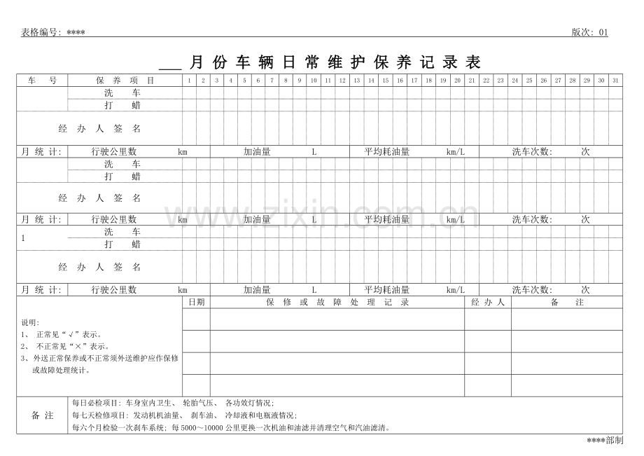 车辆日常维护保养记录表样本模板.doc_第1页