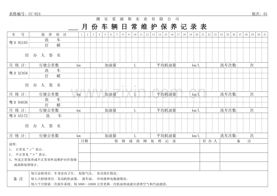 车辆日常维护保养记录表样本模板.doc_第2页