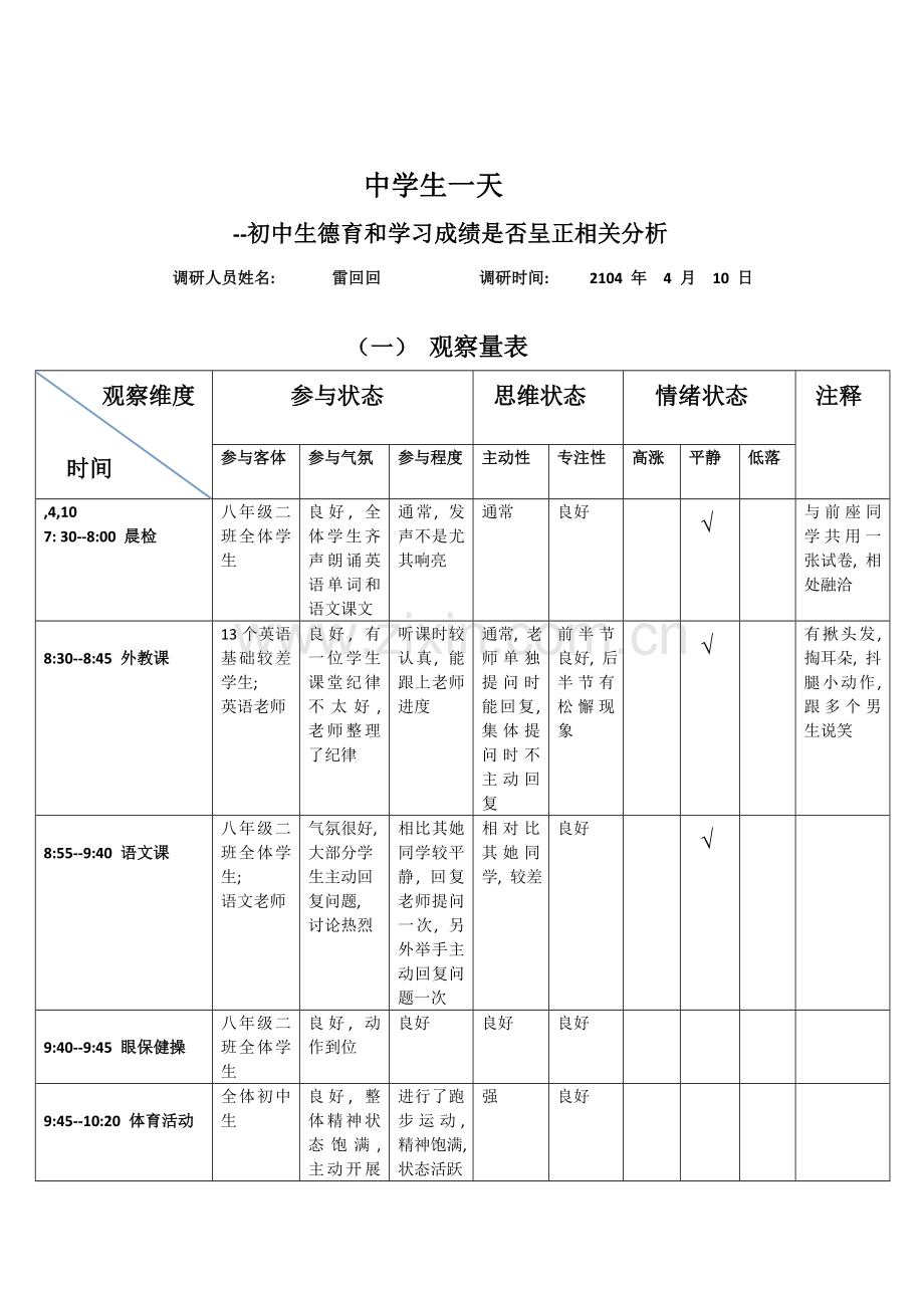 中学生的一天访谈表格模板.doc_第1页