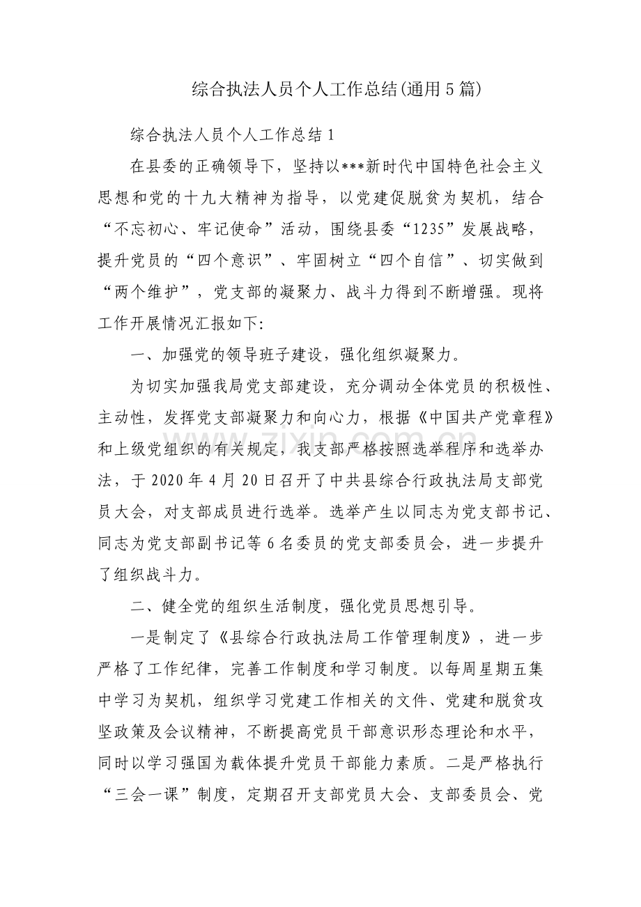 综合执法人员个人工作总结(通用5篇).docx_第1页