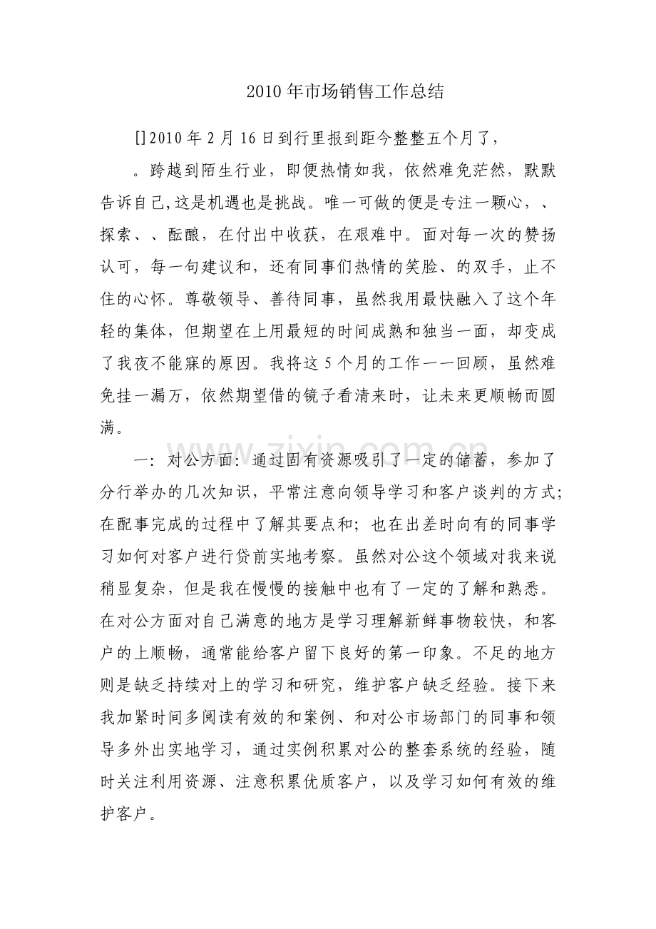 2010年市场销售工作总结.docx_第1页