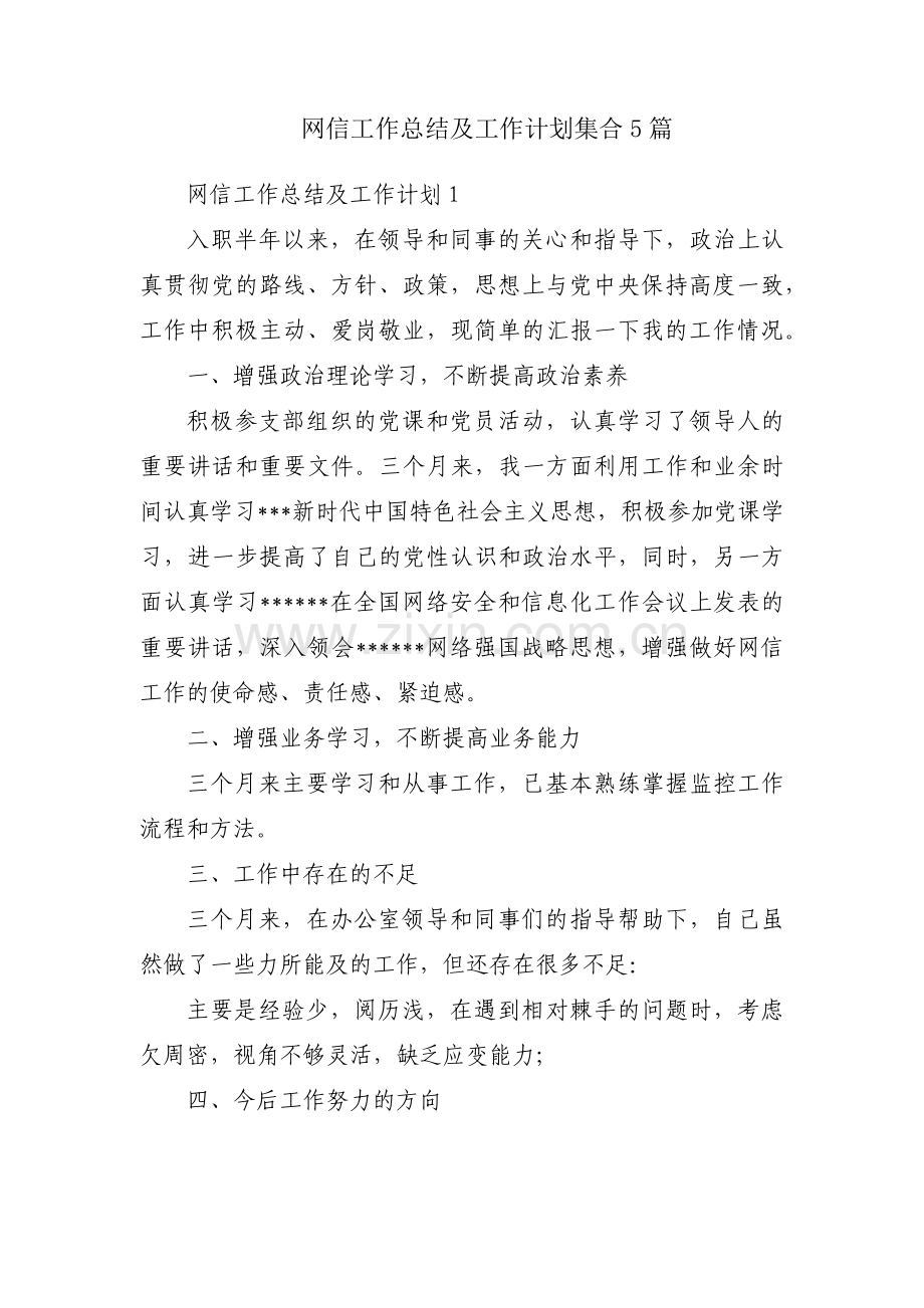 网信工作总结及工作计划集合5篇.docx_第1页