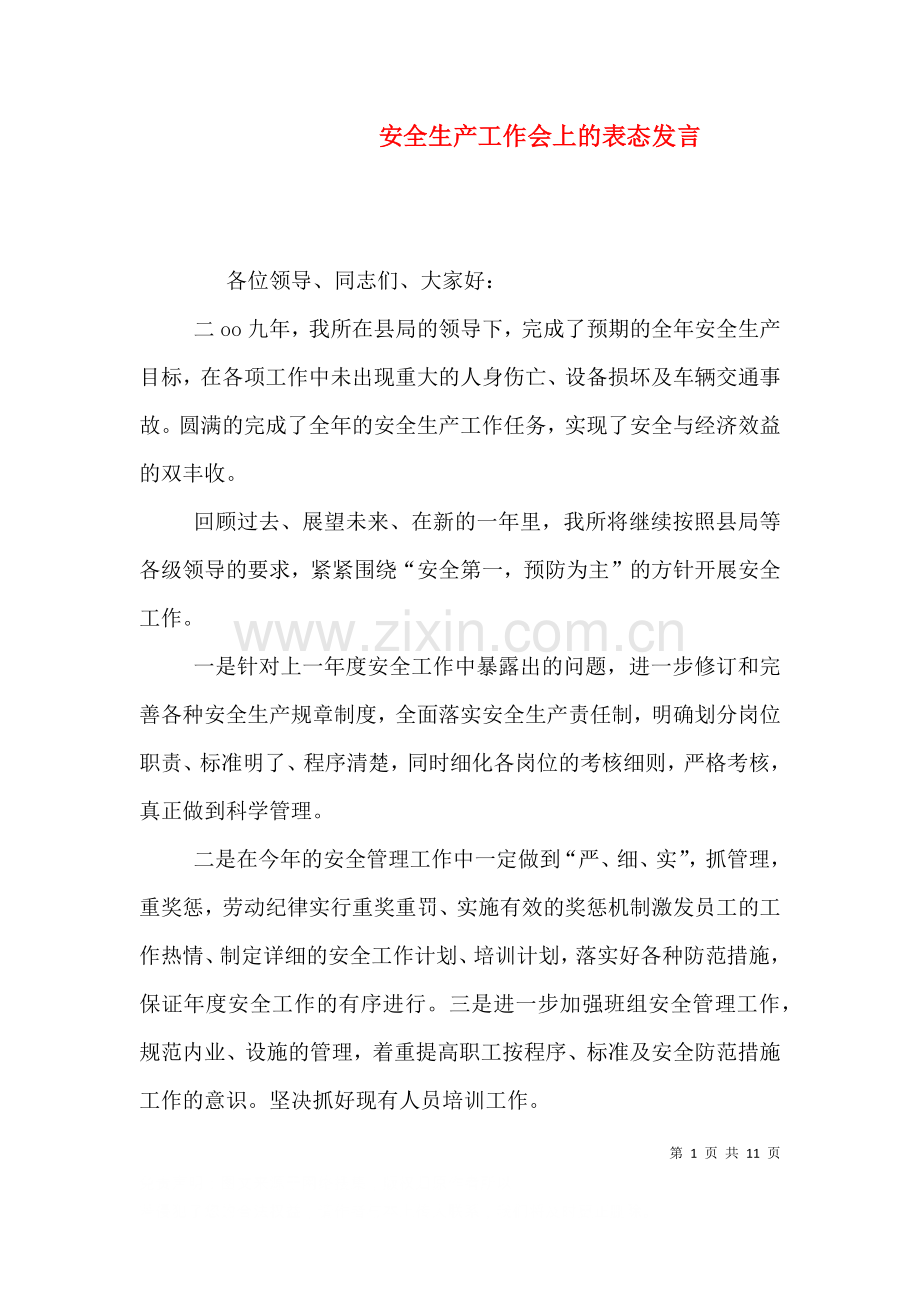 安全生产工作会上的表态发言二.doc_第1页