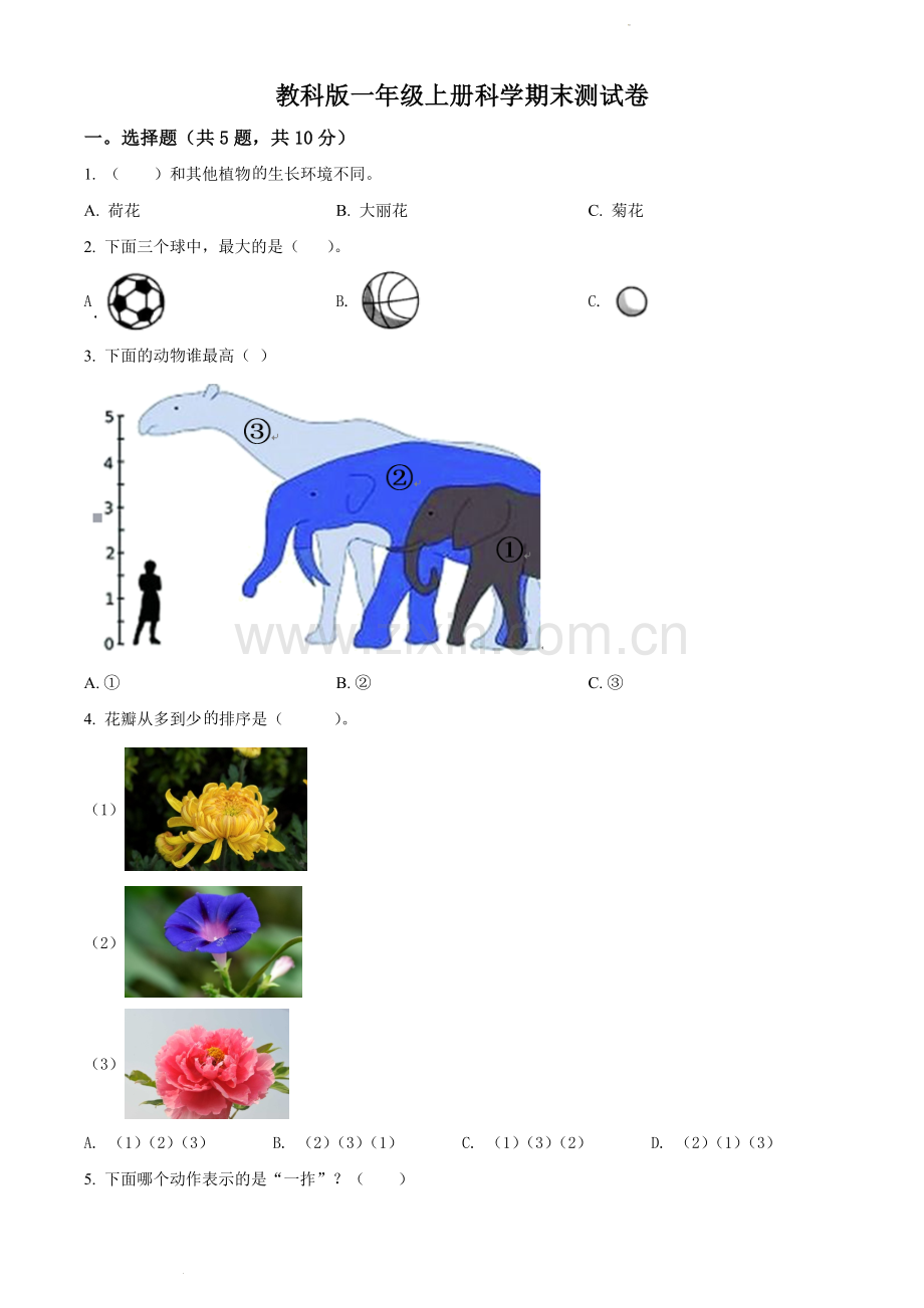解析：2021-2022学年教科版一年级上册期末考试科学试卷2(原卷版).docx_第1页