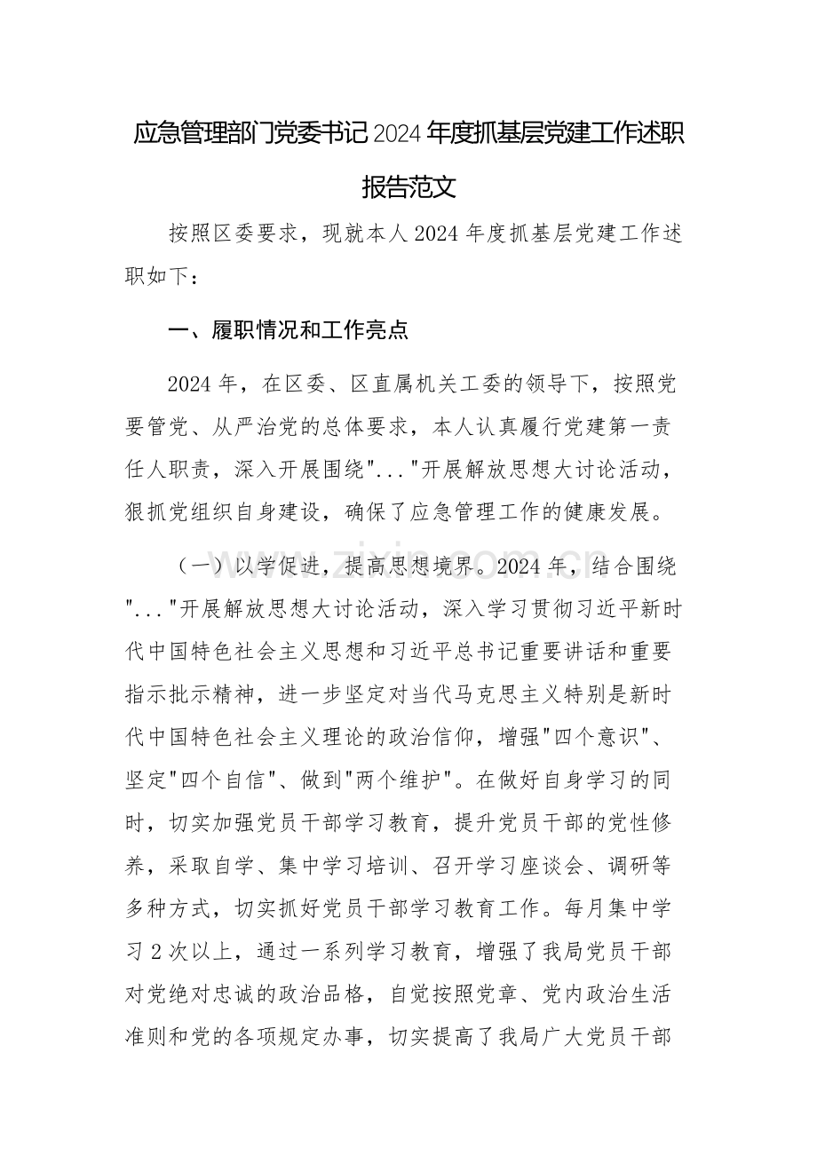 应急管理部门党委书记2024年度抓基层党建工作述职报告范文.docx_第1页