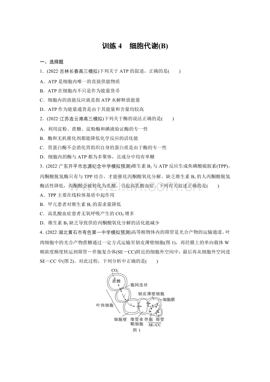 专题三-训练4-细胞代谢(B).docx_第1页