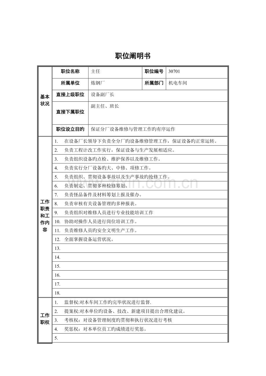 炼钢厂主任职位专项说明书.doc_第1页