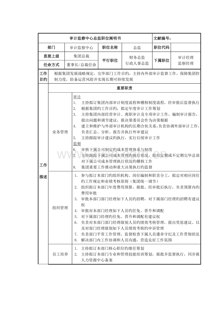 审计监察中心总监岗位专项说明书.doc_第1页