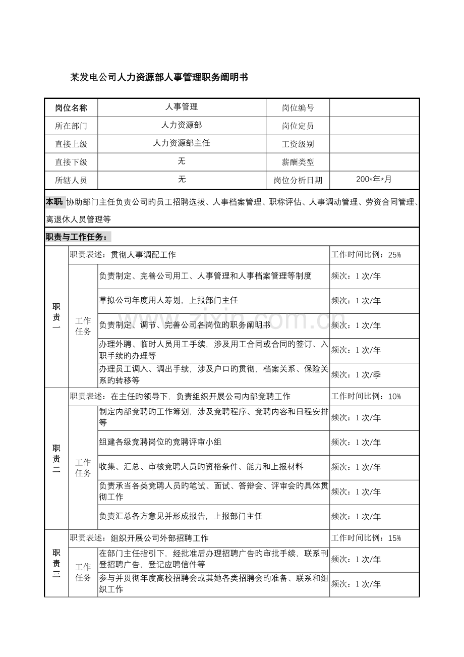 发电企业人力资源部人事管理职务专项说明书.doc_第1页