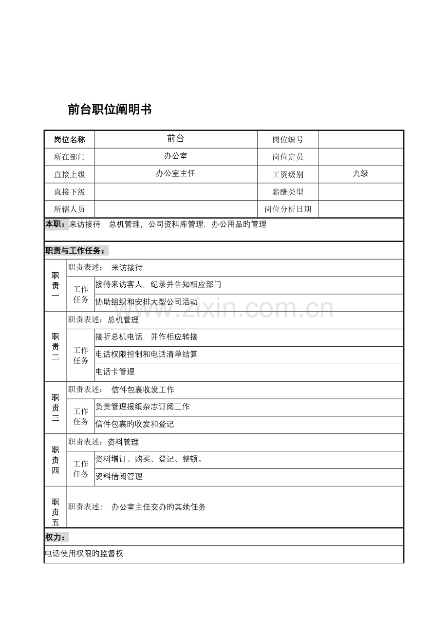 宁波华能贸易公司办公室前台职位专项说明书.doc_第1页