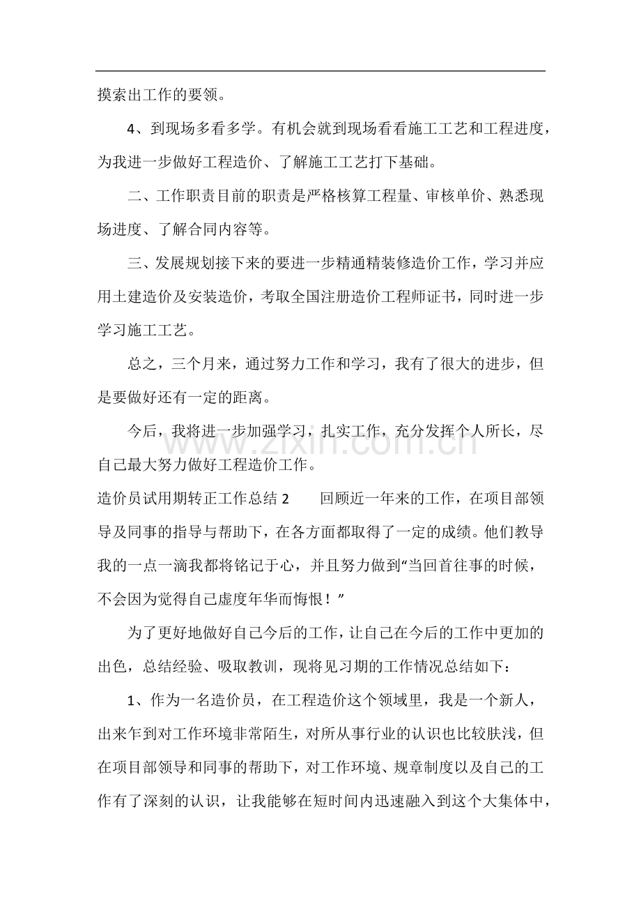 造价员试用期转正工作总结.docx_第2页