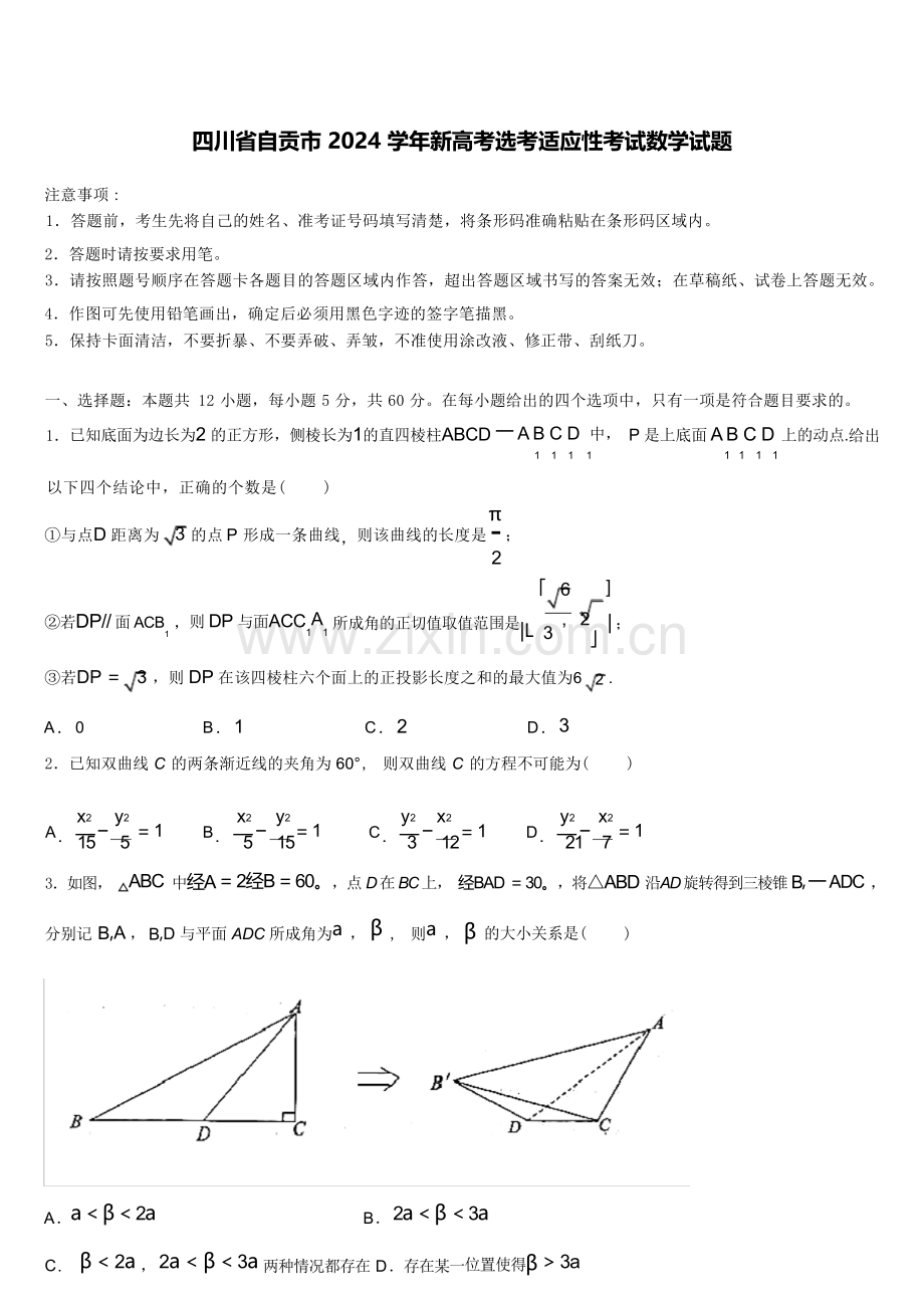四川省自贡市2024学年新高考选考适应性考试数学试题.docx_第1页