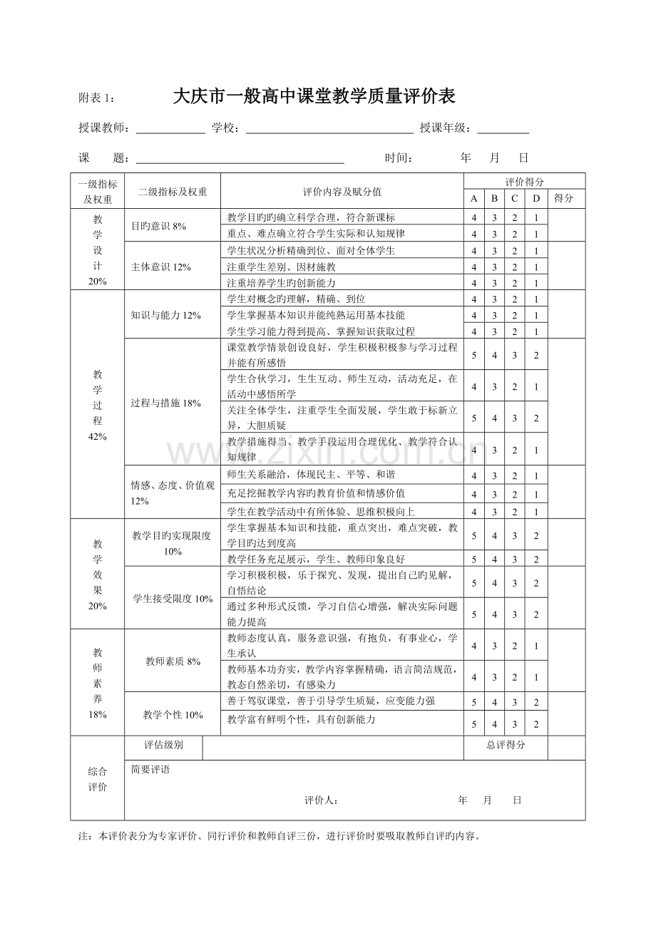 大庆市普通高中课堂教学质量评价表.doc_第1页