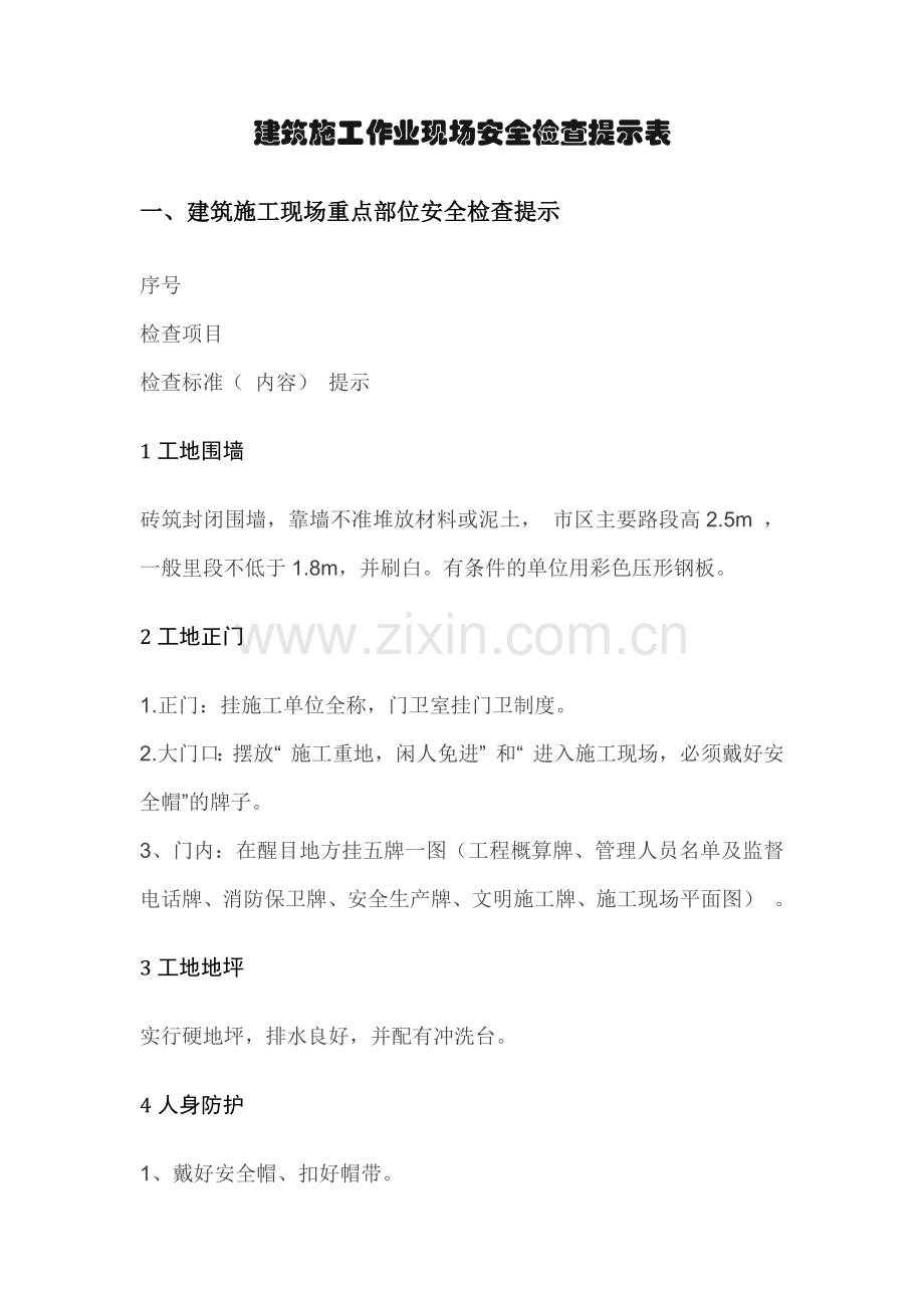 建筑施工作业现场安全检查提示表.docx_第1页