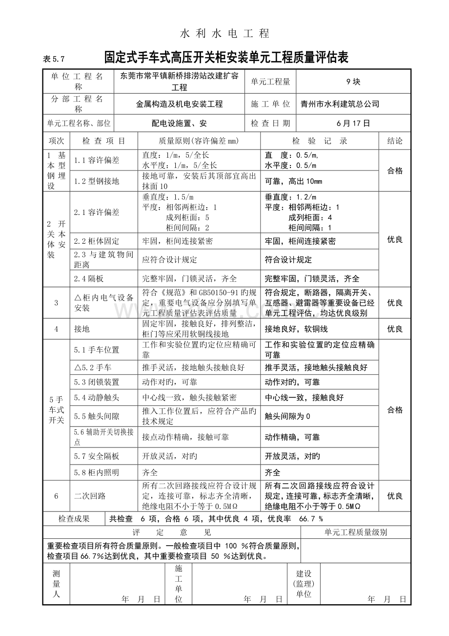 固定式手车式高压开关柜安装单元关键工程质量评定表.doc_第1页