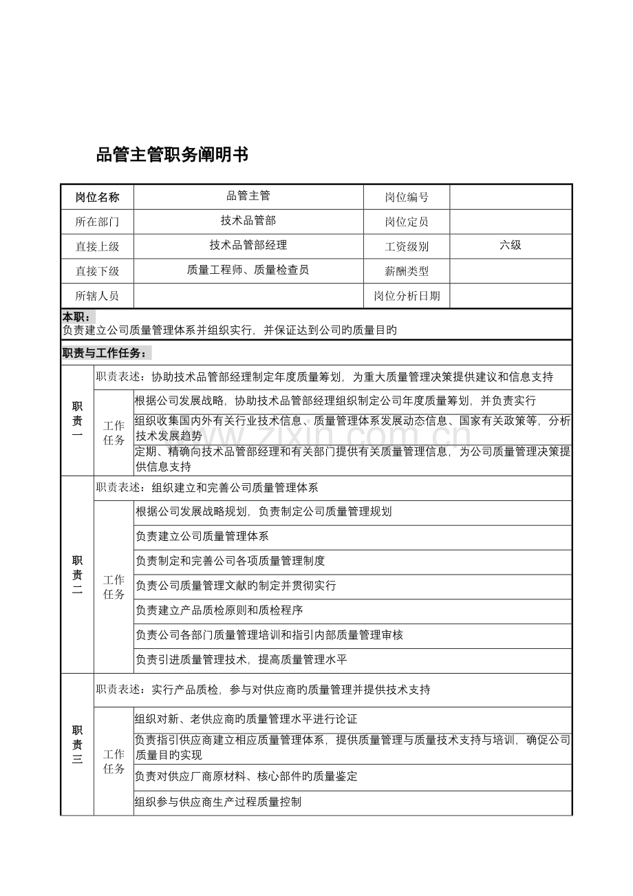 宁波华能贸易公司品质管理部品管主管职务专项说明书.doc_第1页