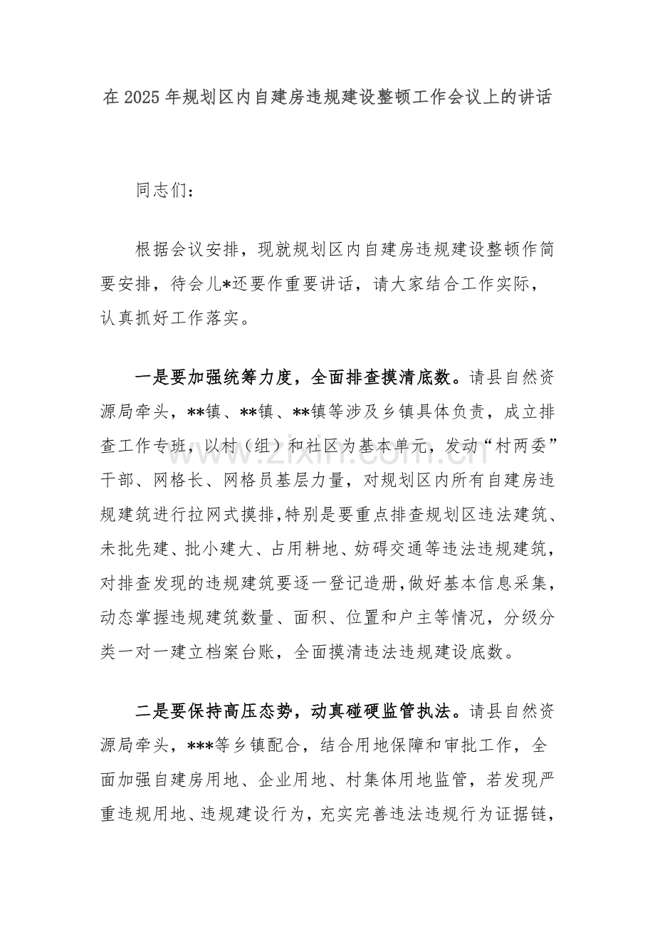 在2025年规划区内自建房违规建设整顿工作会议上的讲话.docx_第1页