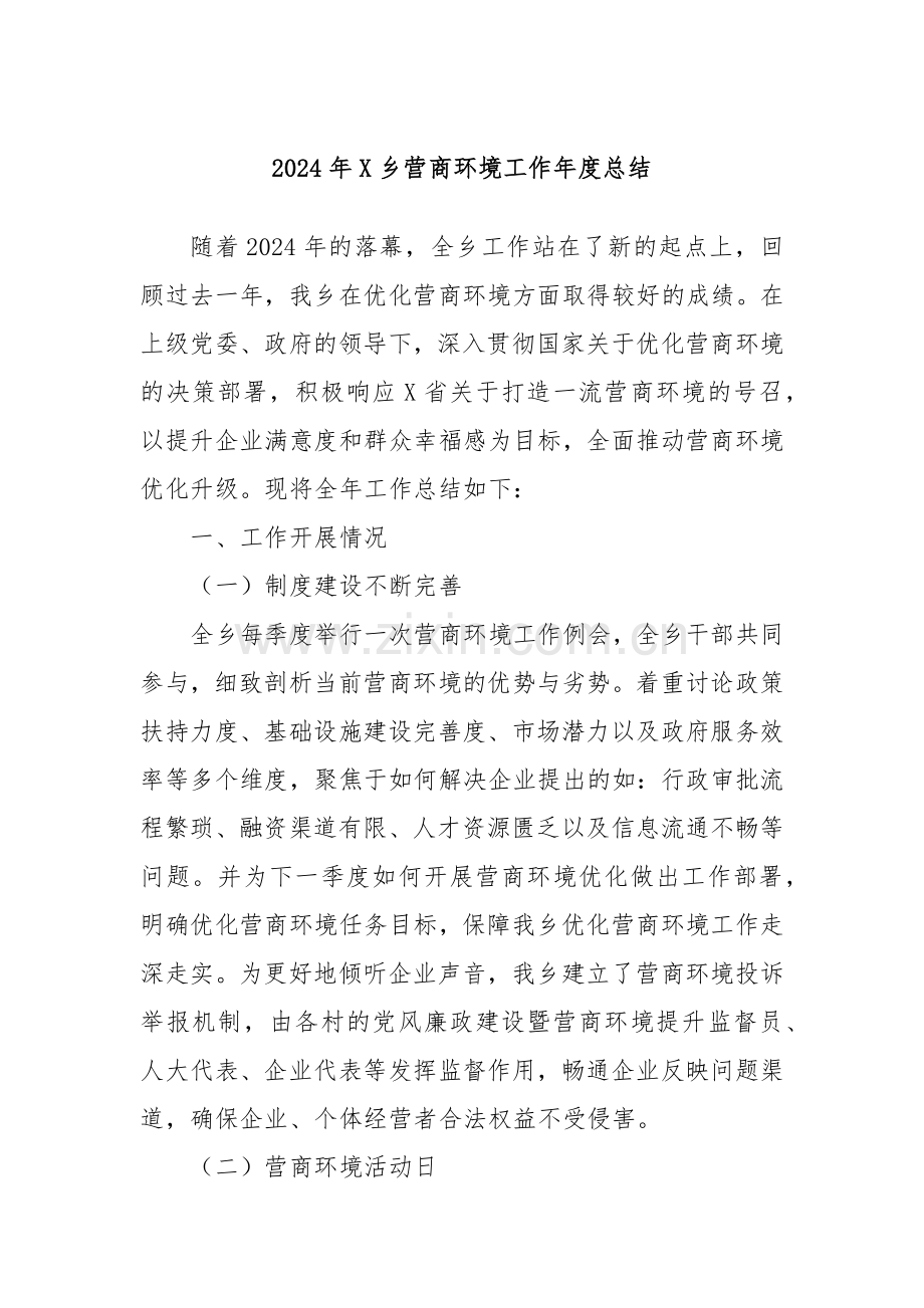 2024年X乡营商环境工作年度总结.docx_第1页