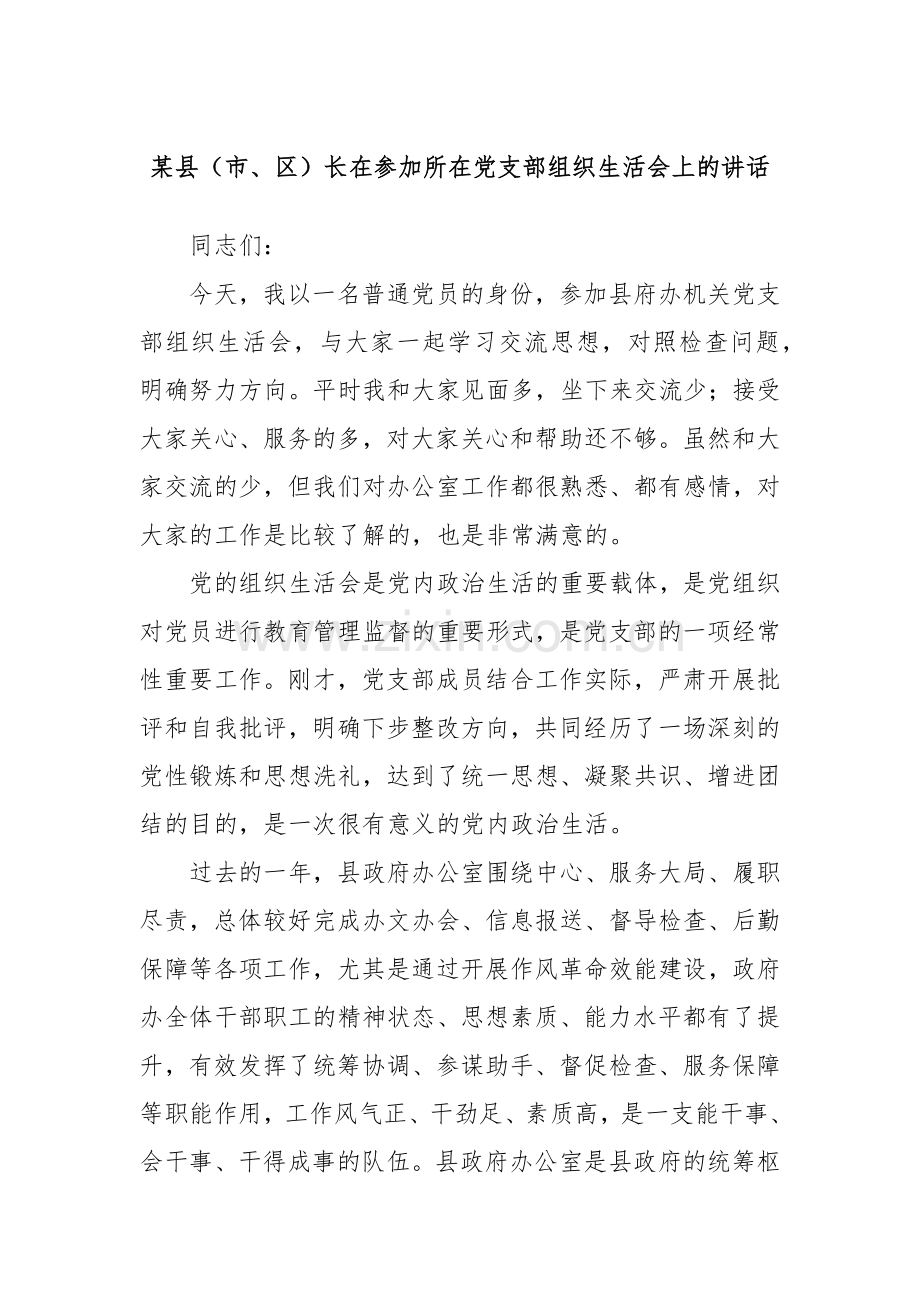 某县（市、区）长在参加所在党支部组织生活会上的讲话.docx_第1页